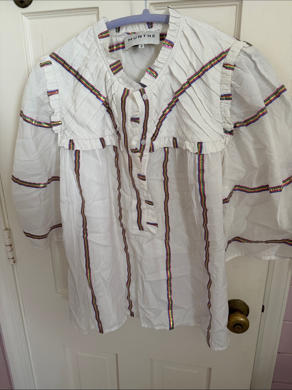 Munthe White Cotton Blouse with Multicolor Stripe Trim